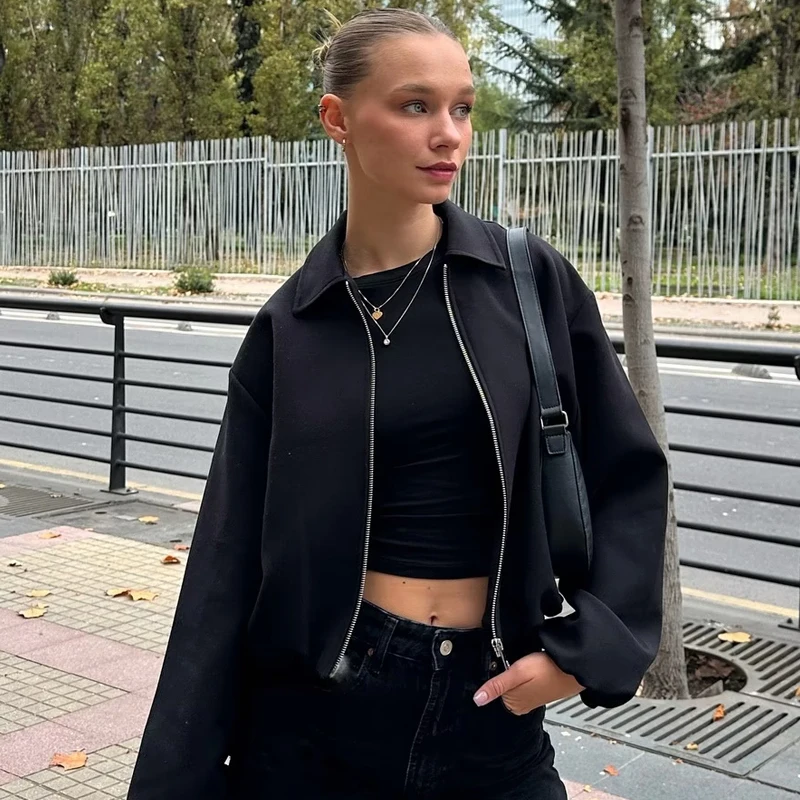 HXAO Dames Bomberjack Herfst 2025, Bladerdeeg Beige Crop Coat Oversized Jas Met Rits Plus Size Lange Mouwen Tops Losse Outerwears