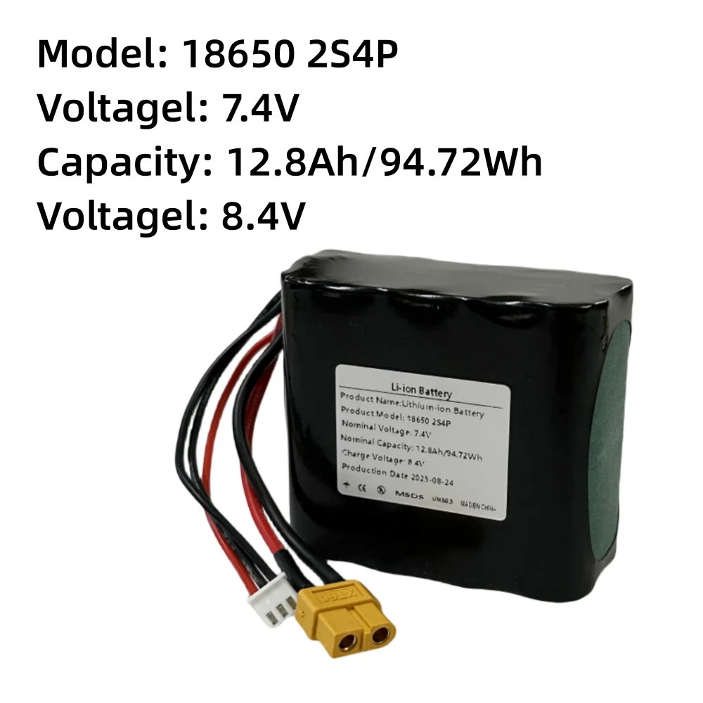 18650 2S4P 7.4V 12800mAh Lithium Ion Battery Pack，XT60 XH2.54-3P Plug，Suitable for various drone quadcopters