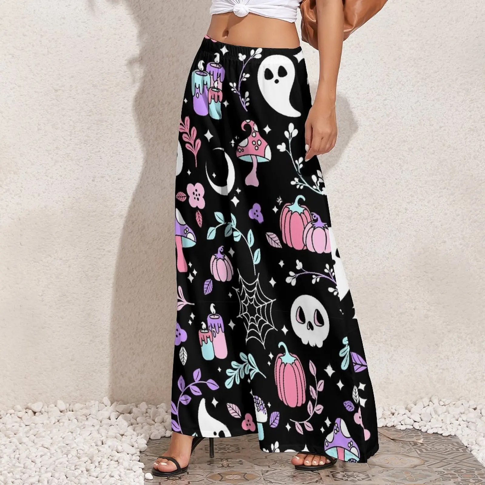 Happy Haunts-Pantalones elegantes de pierna ancha para mujer, Pantalón recto de gran tamaño, diseño de moda coreana, fantasma de Halloween