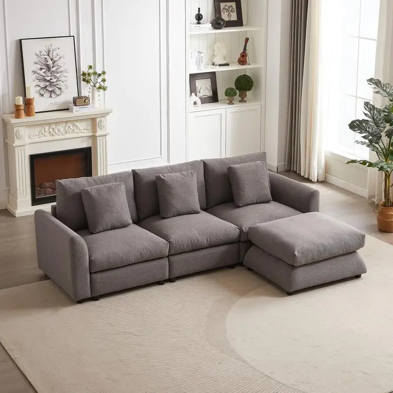 102 Inch Modular Sofa with Ottoman, Plastic Legs, 3 Cushions & 3 Pillows for Living Room, Apartment, Studio, L-Shaped Sleeper,