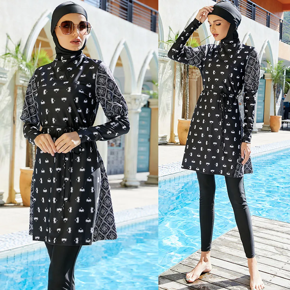 

Muslim Women Swimsuits Printed Hijab Swimwear Tops Pants Cap 3 Pieces Set Islamic Burkinis Full Cover Bathing Swim Surfing Wear