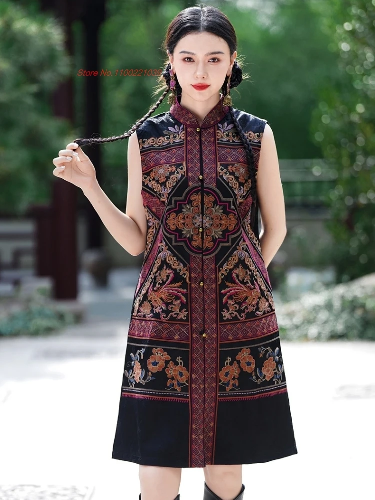 

2024 chinese vintage hanfu tops traditional stand collar vest national flower embroidery folk vest oriental sleeveless jacket