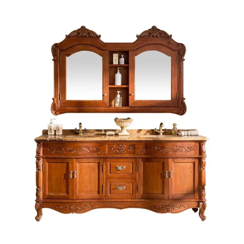 

Factory direct sales European bathroom cabinet red oak mirror open paint wash basin antique floor double