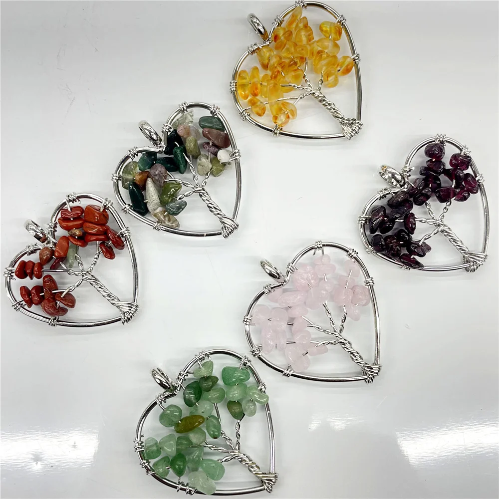 Natural stone Quartz Crystal Lapis 7 Chakra Reiki Healing 30mm heart-shaped Tree of Life Pendant Diy Jewelry making necklace10Pc