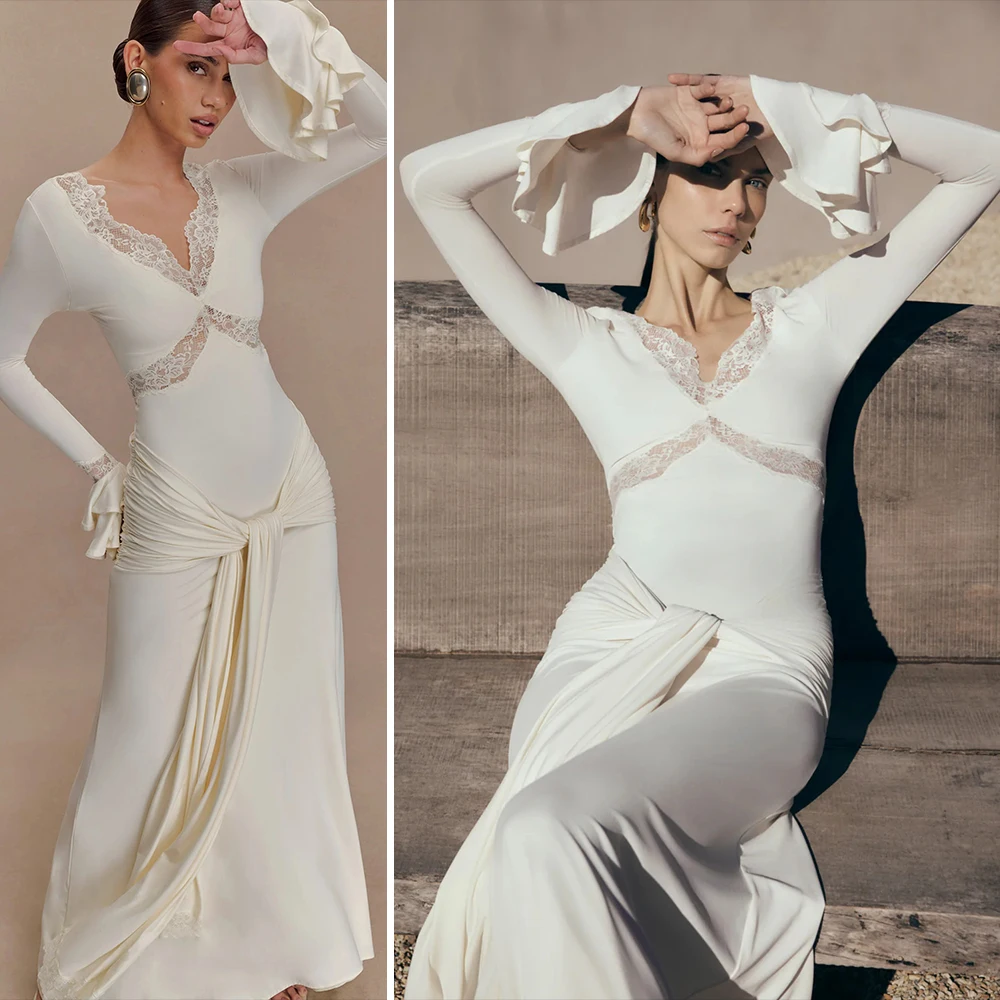 Elegante decote em v manga longa renda emendada smocked em camadas auto tie nó bodycon maxi vestidos cocktail casamento vestido de festa à noite