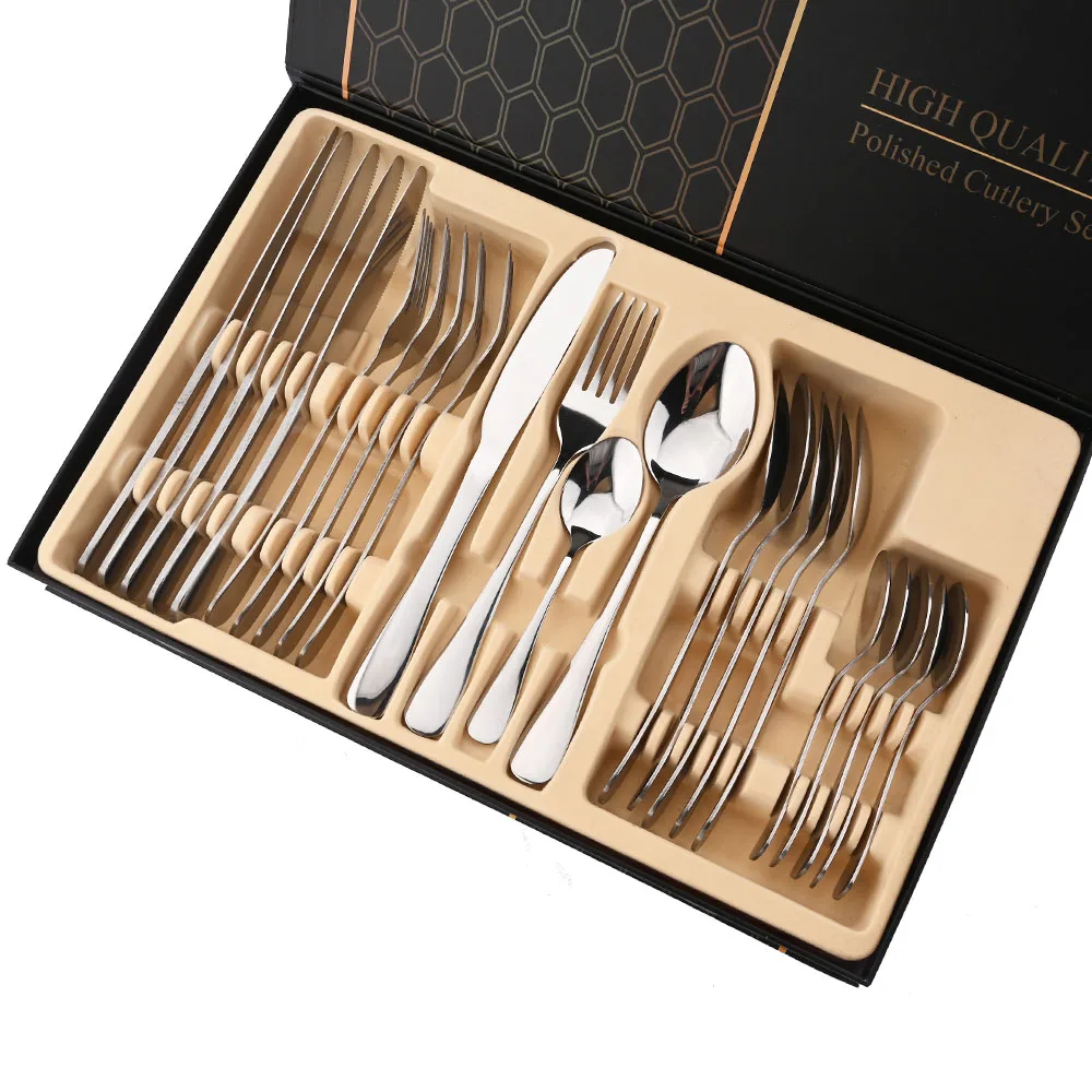 Christmas 24Pcs Rose Gold Dinnerware Cutlery Set Stainless Steel Dinner Flatware Knife Fork Spoon Luxury Tableware Gift Box