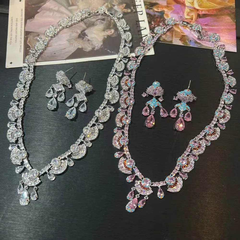 

Luxury Zircon Fan Shaped Tassel Necklace Water Droplet Pendant Earrings Two-Piece Set Fashion Women's Jewelry Set High Quality