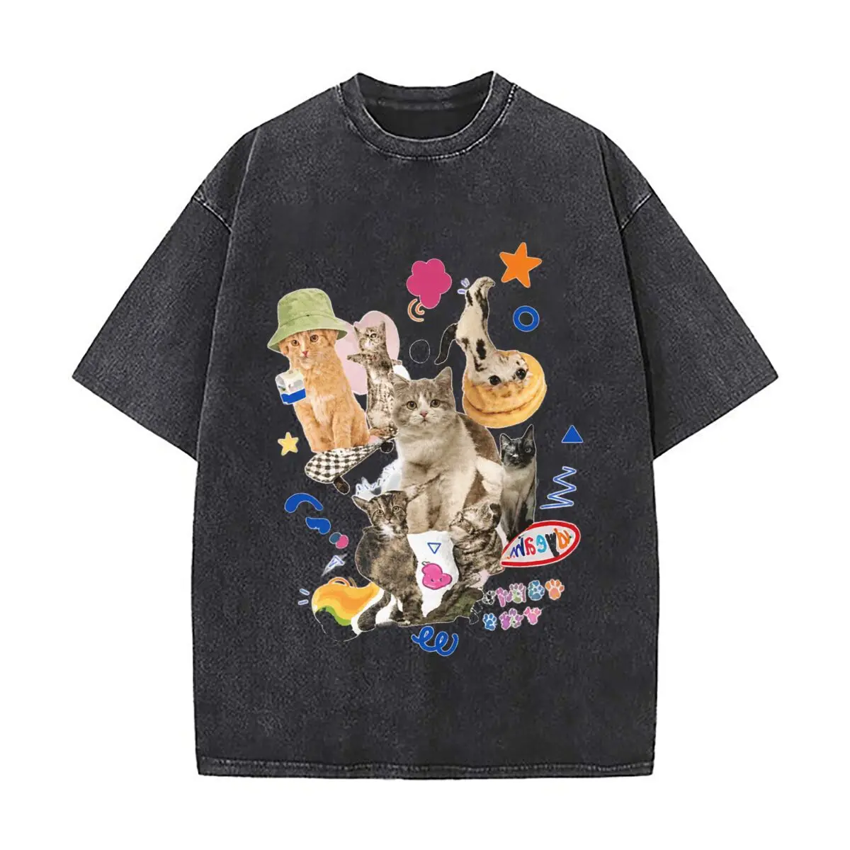 Cute Milk Cats Collage Colorful Shapes Paw Prints Distressed Faded Baggy Streetwear Tops for Park Hangouts
