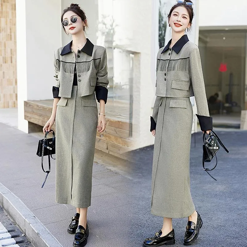 Insozkdg New Spring Fashion Small Fragrance Single Breasted Short Coat + High Waist Mid Length Skirt Suits Korean Two Piece Set