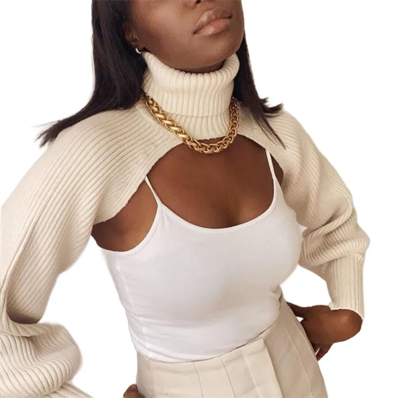 Fashion Women Crop Top Short Pullover Turtleneck Long Sleeve Knitted Sweater High Street Chic Jumpers Matching Vest Tank Top