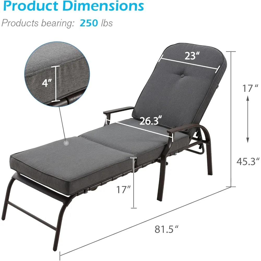 Adjustable Outdoor Chaise Lounge Chair Patio Lounge Chair Recliner Furniture with Armrest and Cushion for Deck, Poolside,（Grey）