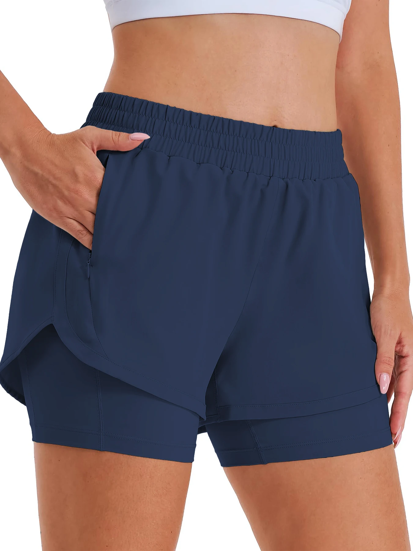 2-in-1 Freizeit-Sportshorts für Damen, Laufshorts, Sportshorts mit hoher Taille und gefütterten Reißverschlusstaschen – Detail 20