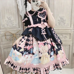 Victorian Gothic Lolita Jsk Dress Women Kawaii Cartoon Bunnry Plaid Print Birthday Party Dresses Girls Sweet Cute Princess Dress