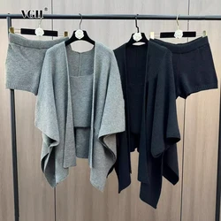 VGH Autumn 3 Piece Sets For Women Batwing Sleeve Cardigan Coat Knitted Vest Casual Shorts Minimalism Outfits Female Clothing New