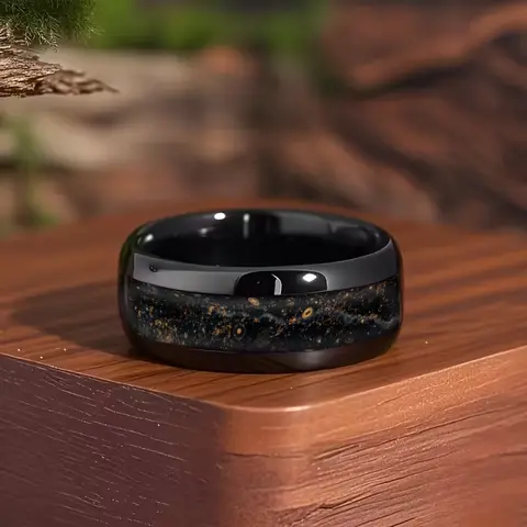 SUNFLOWERZHU Starry Night Meteorite Inlay Wedding Band Steel Ring Unique Jewelry Fashion Men Black Stainless Steel Rings