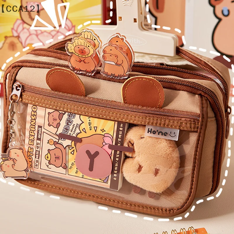 Large Capacity Kawaii Capybara Stationery Bag Flip Cover Multi Layer Capybara Pen Bag Cartoon Cute Animals 3D Ear Pencil Case