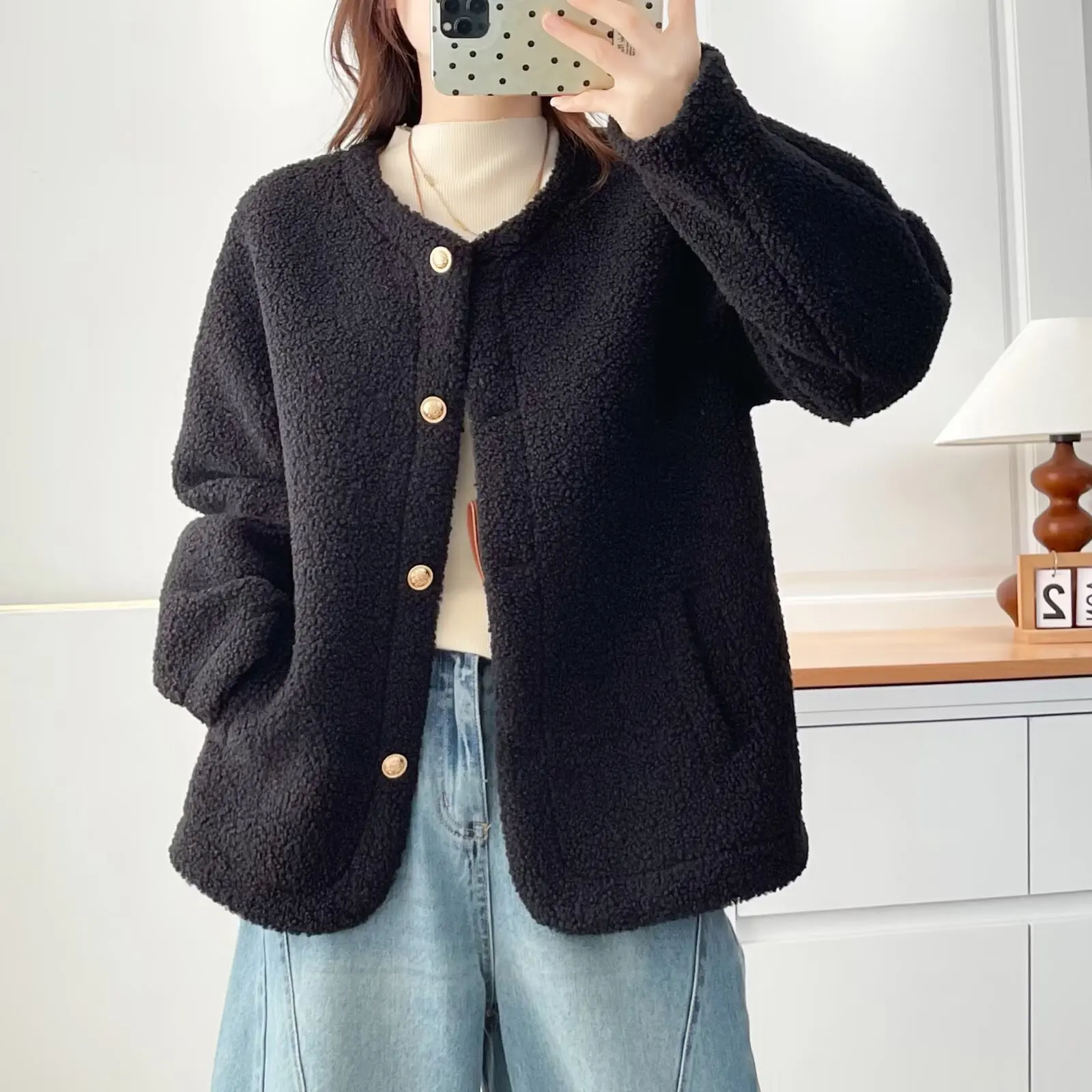 

XXXXL Fashion Plus Size Women's Coat 2025 Winter New Simple Chic Style Fleece Warm Jacket Block Color Cuffs Outerwear 2589