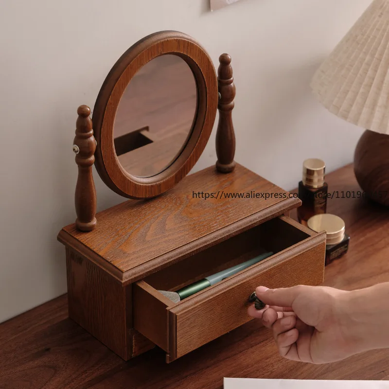Ins-style French Medieval Wooden Makeup Mirror, Tabletop Decoration, Standable, Suitable for Girls' Bedroom Dressing Mirror