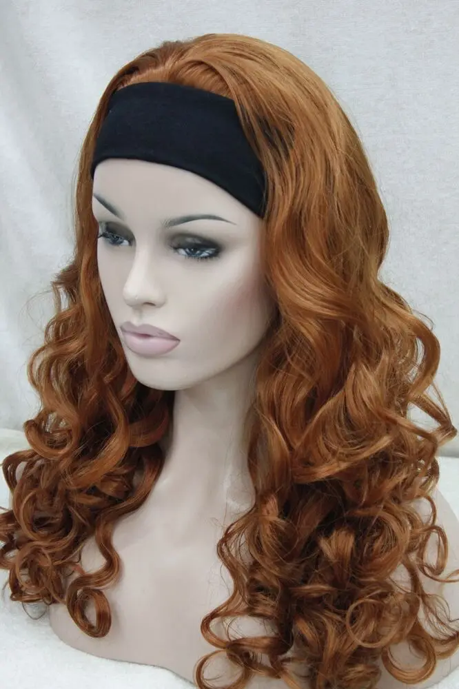 Wig Hivision 3/4 dengan Bando, oranye coklat 130A panjang keriting setengah wig untuk wanita