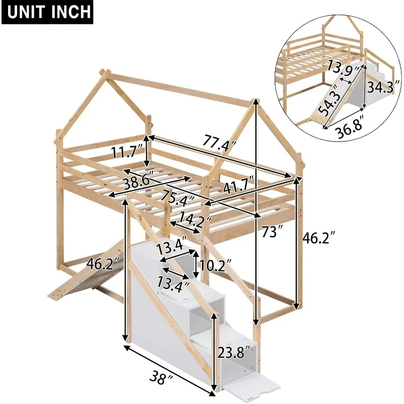 Twin Over Twin Bunk Bed with Slide and Storage Stairs for 2 Kids, Boys, Girls, Teens, Wood House Bed Frame bunk beds for kids