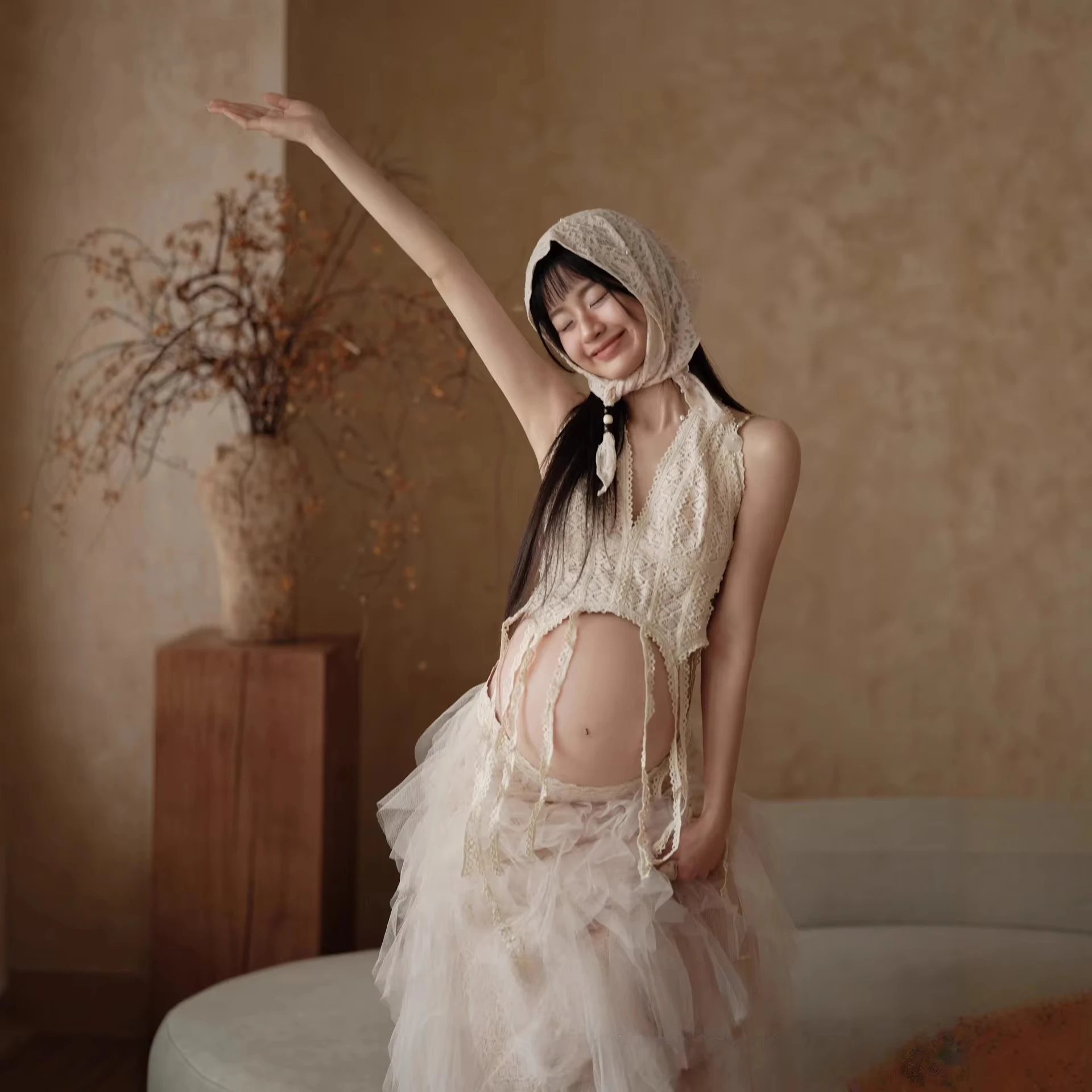 Women Photography Clothing Lace V-neck Top with Skirt 2pcs Maternity Dresses Sleeveless Pregnancy Dress Studio Photoshoot Props - view 4