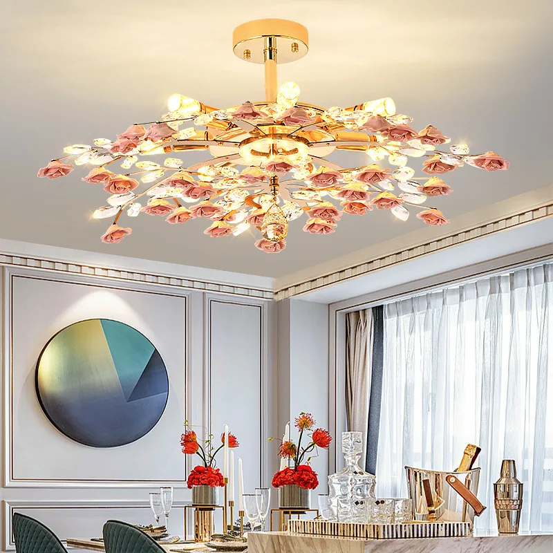 

Living room chandelier creative personality ceramic flower ceiling crystal chandelier romantic warm hall main light