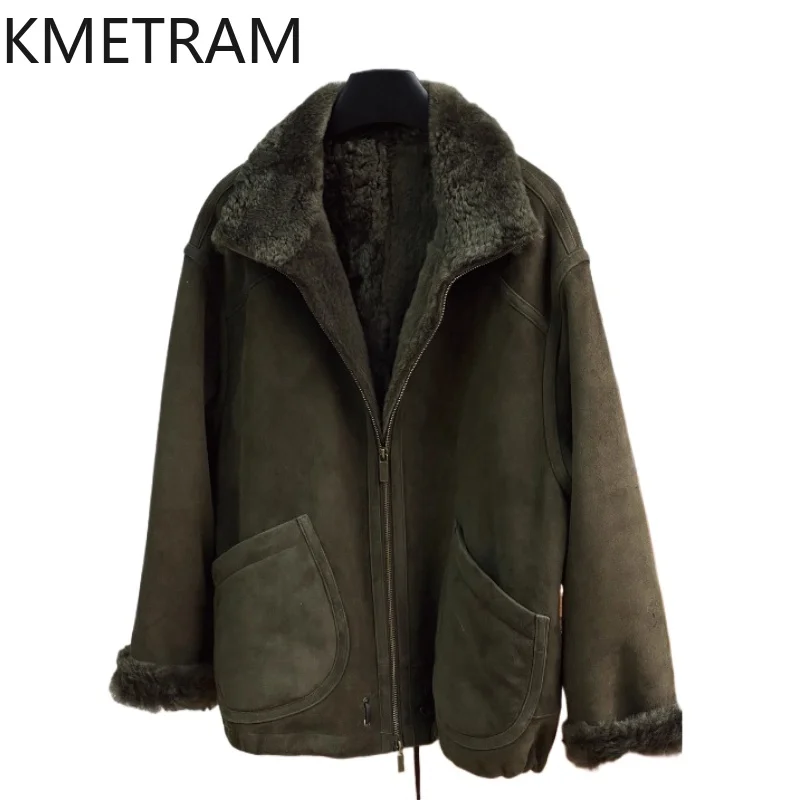 

KMETRAM Natural Sheepskin Fleece with Wool Attached Coat Woman Dark Green Real Fur Jacket Women Winter Clothes 2025 шуба женская