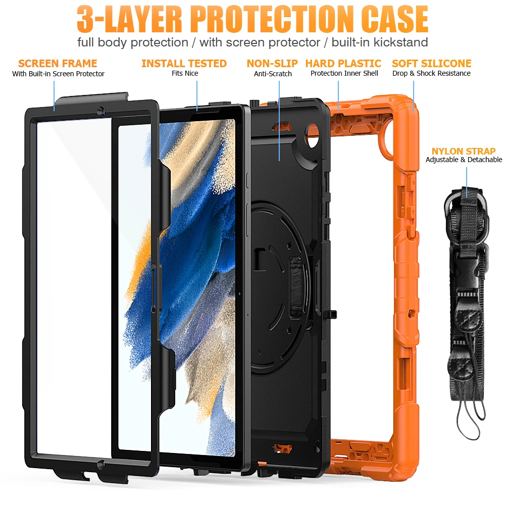 Funda para tableta Samsung Galaxy Tab A8 de 10,5 pulgadas, protector de SM-X200 de 2021 SM-X205, a prueba de golpes, con soporte de rotación de 360 grados, con correa para el hombro