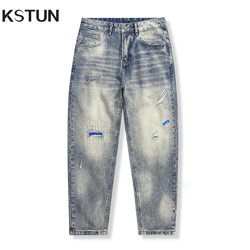 KSTUN Hip Hop Jeans Men Ripped Baggy Jeans Loose Harem Pants Mens Clothing Motocycle Distressed Streetwear High Quality Brand