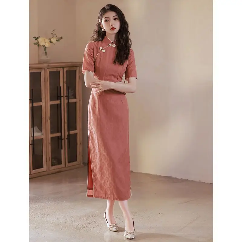 Women Red Cheongsam Summer Short Sleeve Vintage Dress Slim Daily Wear Elegant Chinese Traditional Short Qipao S To XXL