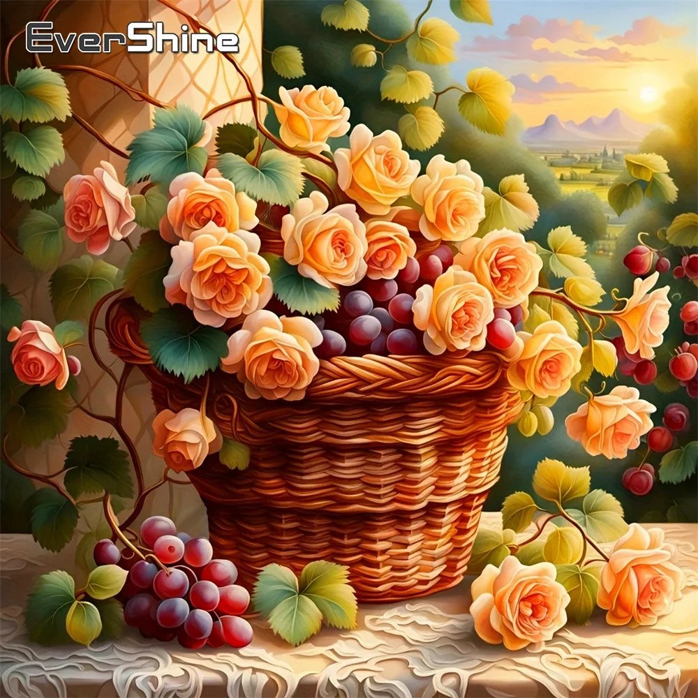 Evershine Diamant-Mosaik-Blumenbild aus Strass, Gemälde mit Rosen, vollständige quadratische Stickerei, Fenster, Traube, handgefertigtes Geschenk