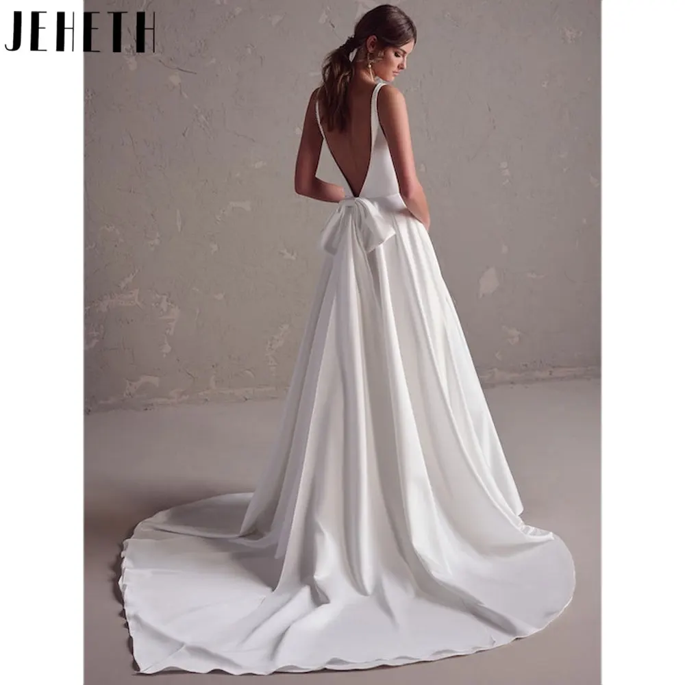 JEHETH Praça Neck cetim mangas vestidos de casamento White Satin Backless Vestidos de noiva Back Bow Spaghetti Straps robes de mariéeJEHETH Praça Neck cetim mangas vestidos de casamento White Satin Backless Vestidos de