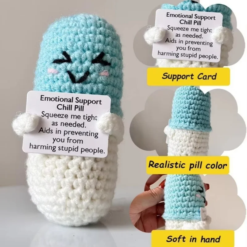 Handmade Knitted Emotional Support Crochet Capsule Doll 'Chill Pill' with Card for Desktop Home Room Decor Gift