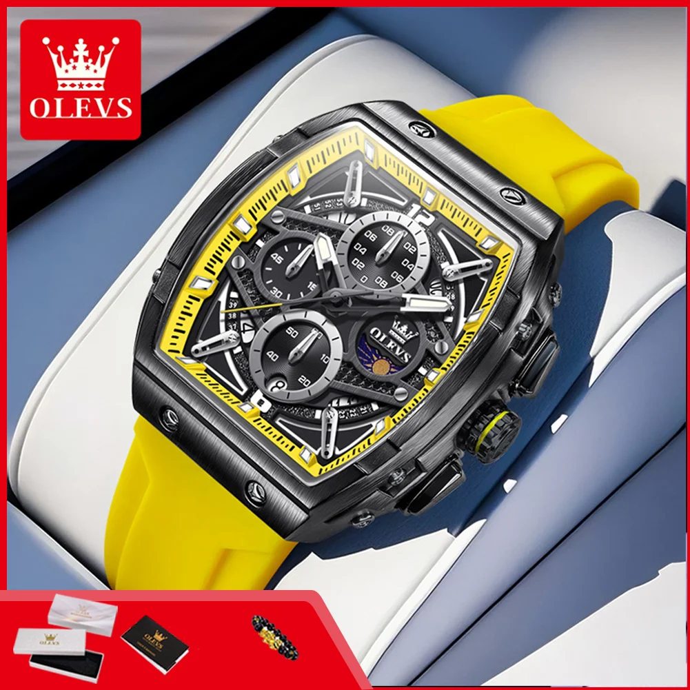 

OLEVS 2975 Chronograph Men's Watches Sports Skeleton Tonneau Dial Moon Phase Silicone Strap Luminous Quartz Wristwatch for Man