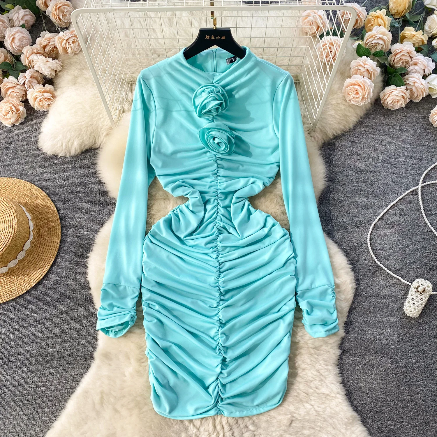

Women Elegant Three-dimensional Flower Pleated O Neck Long Sleeve Dress Sexy Fashion Vestidos Slim Hip Wrap Dress