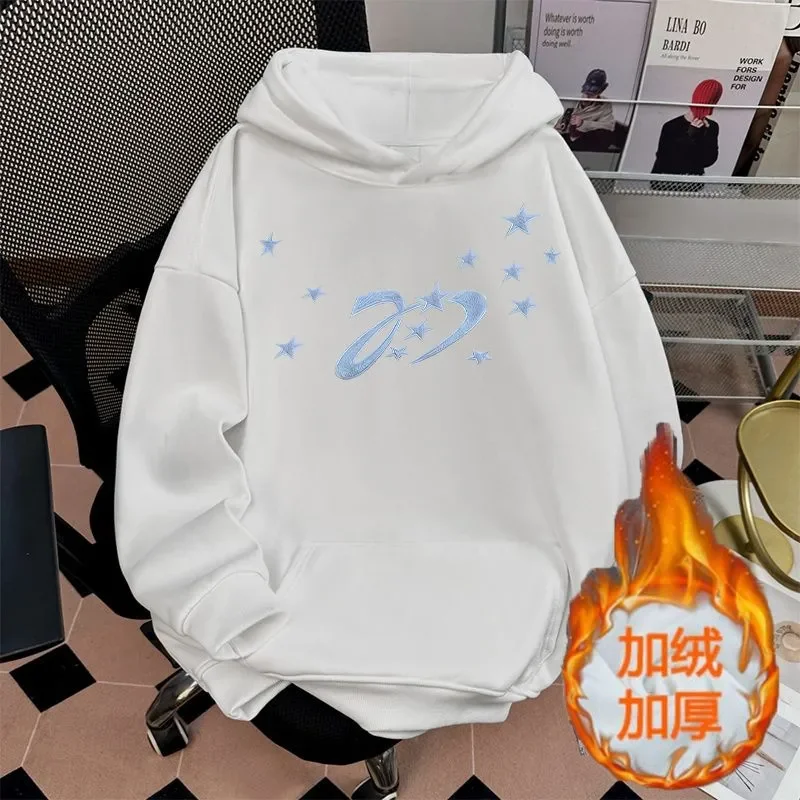Couple Loose Hooded Sweatshirt Fleece Lined Thick Star Pattern Print Pullover Casual Streetwear Top For Men Women