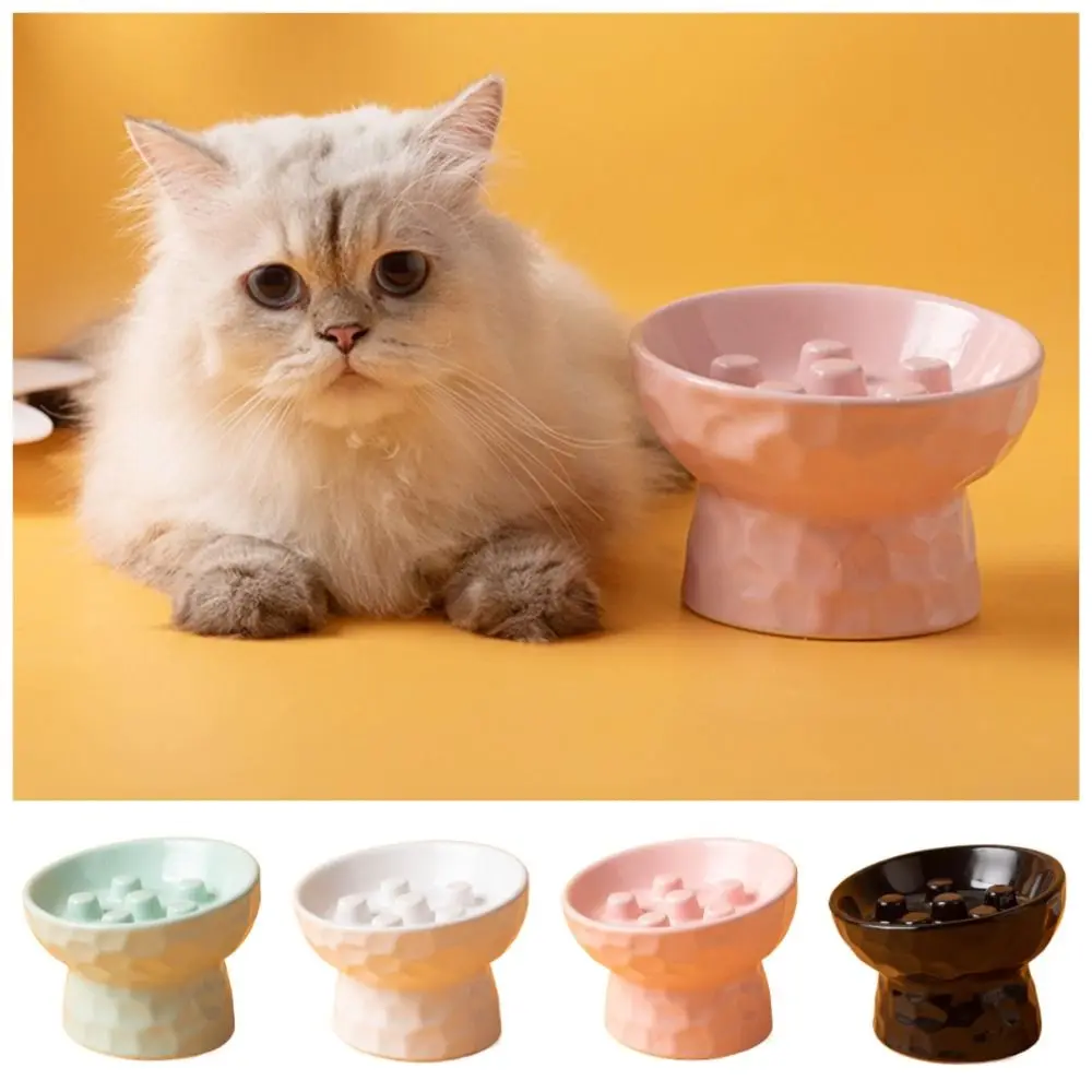 

Ceramic Cat Slow Feeder Bowl Slanted Mouth Anti Tipping Pet High Foot Bowl Neck Protection Non-slip Dog Food Water Container
