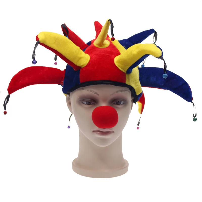 Halloween Fancy Clown Hat With Little Bells Birthday Party Carnival Adult Funny Show Clown Hat + Clown Nose Set Cosplay Costume