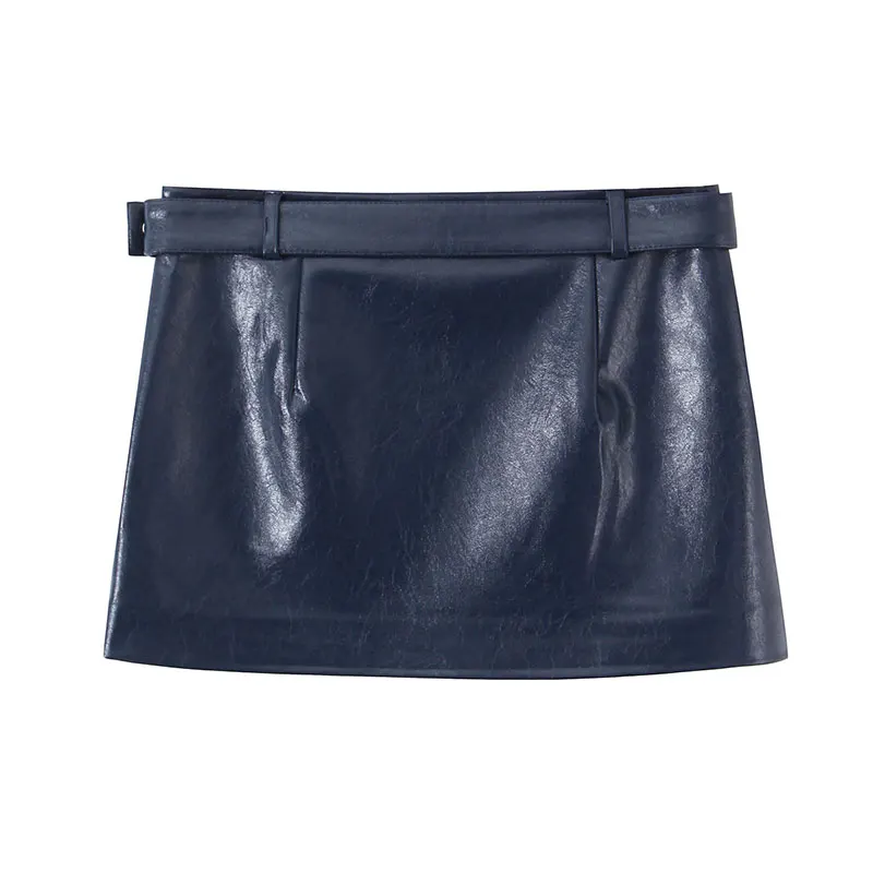 TFAFXY 2026 Spring New Vintage Faux Leather Women Stand Collar Vest Jackets Straight Mini Skirt Fashion Two Piece Set image 5