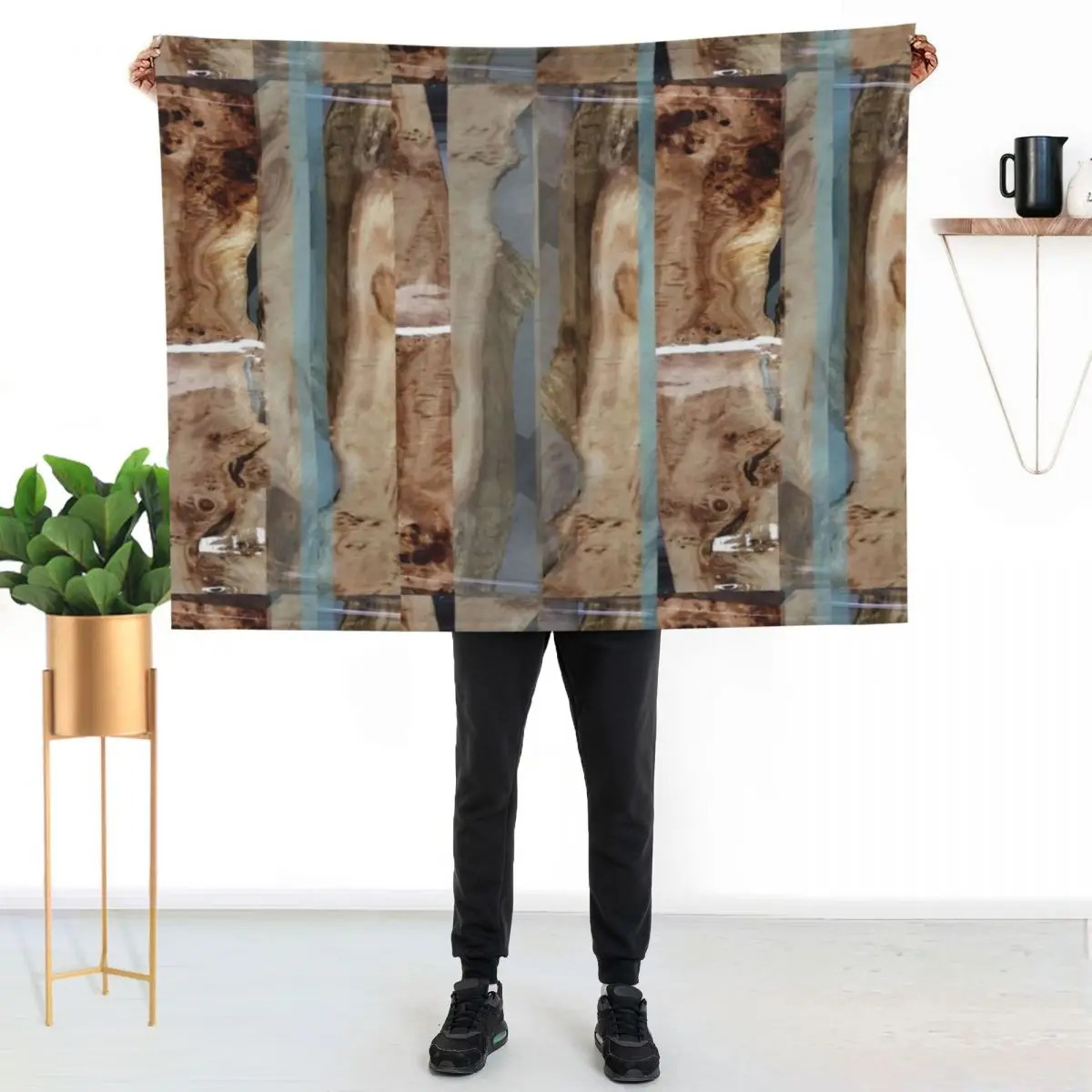 

Wood Abstract Nature Pattern Blue Teal Brown Tan Gray Throw Blanket Stylish Couch Blanket for Home Living Room