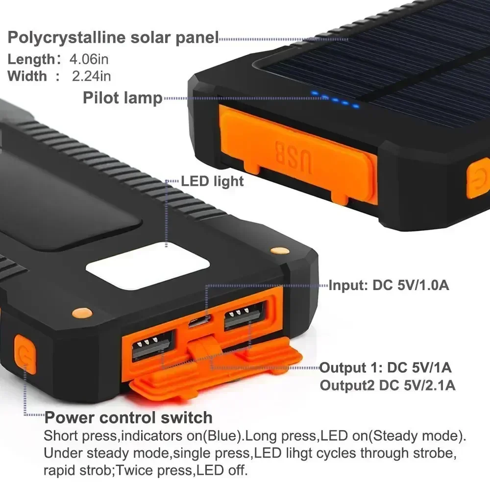 100000mAh Portable Solar Power Bank External Battery Fast Charging Waterproof Powerbank with SOS Flashlight Poverbank for Xiaomi