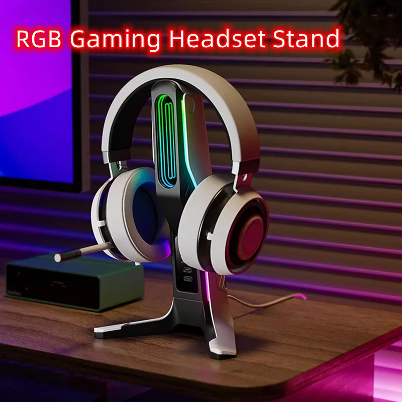 

RGB Headphones Stand Over-ear Headset Holder Desktop Display Shelf with 2 USB Tybe-c Ports for Gamers Gaming PC Accessories Desk