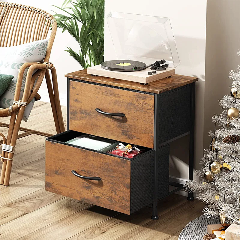 Rustic Wood Grain 2 Drawers Vinyl Record Storage Cabinet, Industrial Metal Frame Nightstand, Large Capacity Sofa Side Table