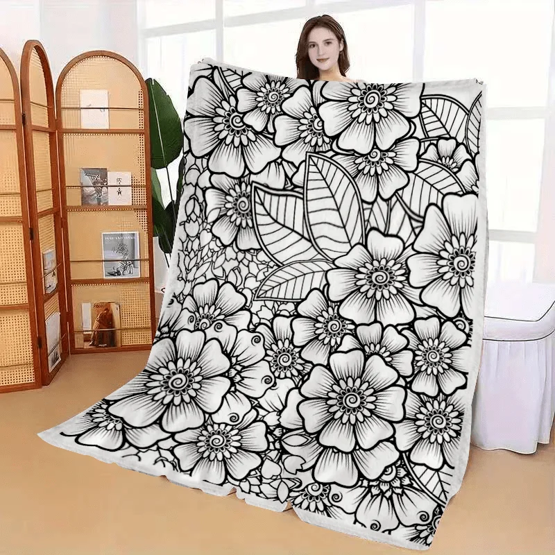 Healing Hand Drawn Floral DIY Coloring Throw Blanket, Adult Stress Relief Doodle Blanket, Warm Decor Blanket for Sofa Bedroom