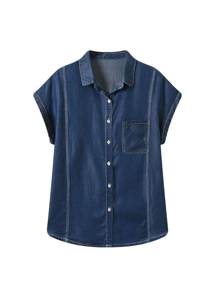 

plus Size Women's Denim Shirt Summer New Style Retro Ageless Versatile Collar Top Big Sister Casual Loose Fit Shirt