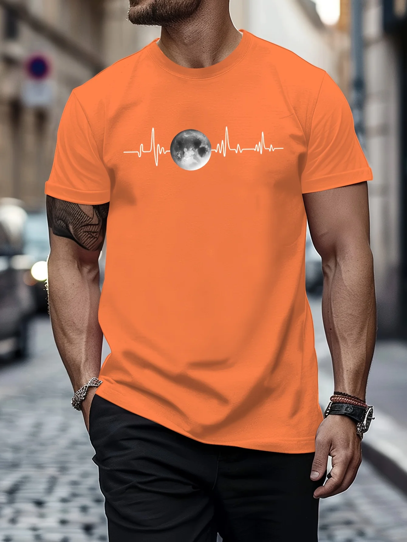 Summer men\'s 100% pure cotton sports casual loose fit plus size moon print comfortable round neck short sleeved T-shirt top