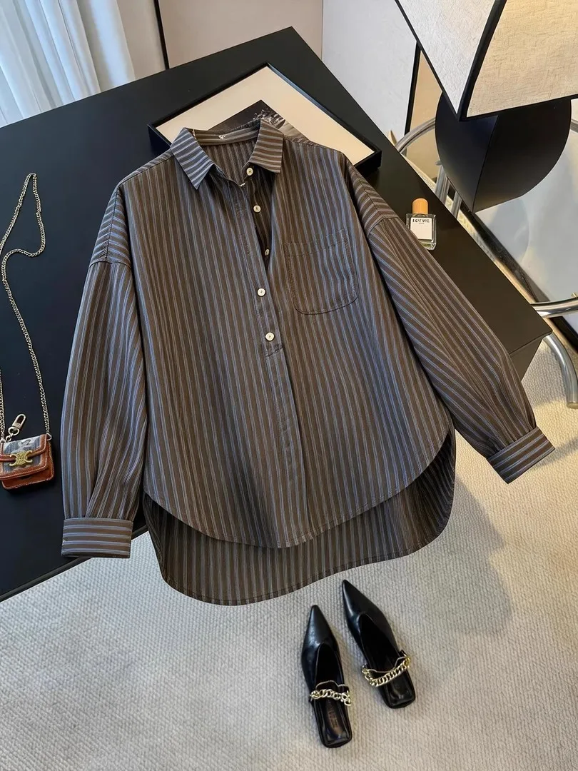 

plus Size 300 Pou American Retro Color Blo Striped Long Sve irt Men Women Spring High End Loose Casual Top