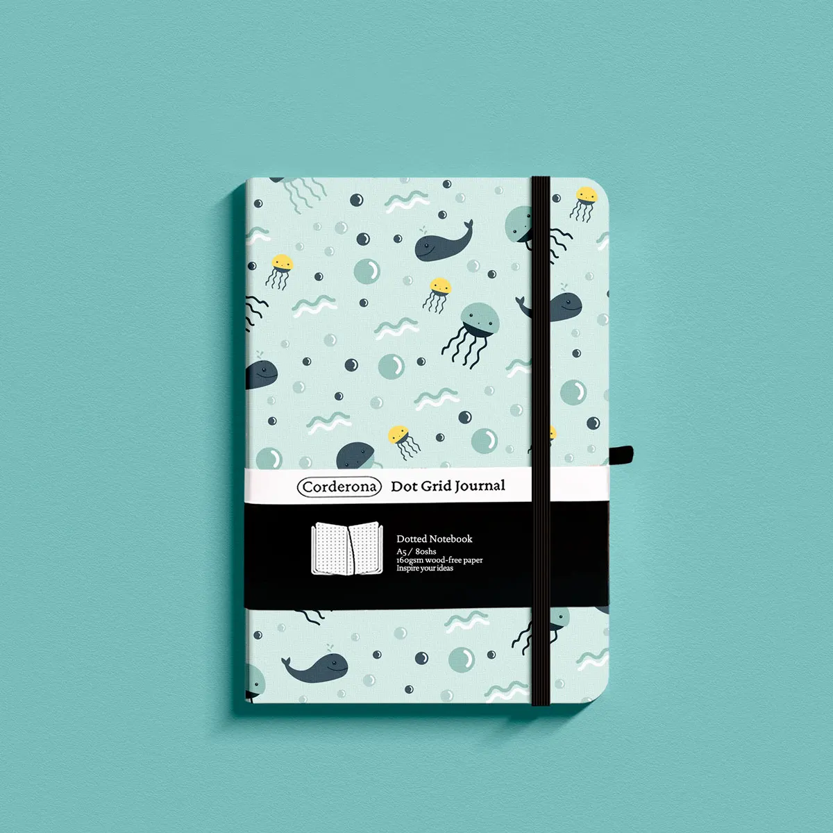 Whale and Jellyfish Bullet Dotted Journal A5 160gsm Elastic Band Bujo Hardcover Notebook