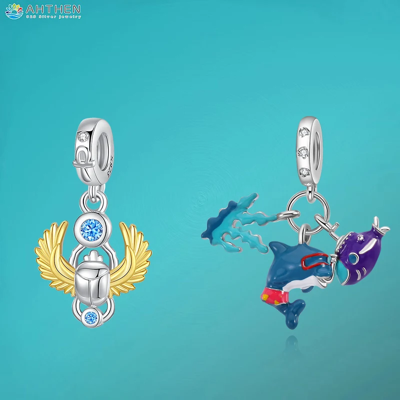 

Ahthen 925 Sterling Silver Hot Sale Beads Beetle,World Shark, Seaweed, Submarine Charms fit Snake Chain Bracelets Or Necklaces
