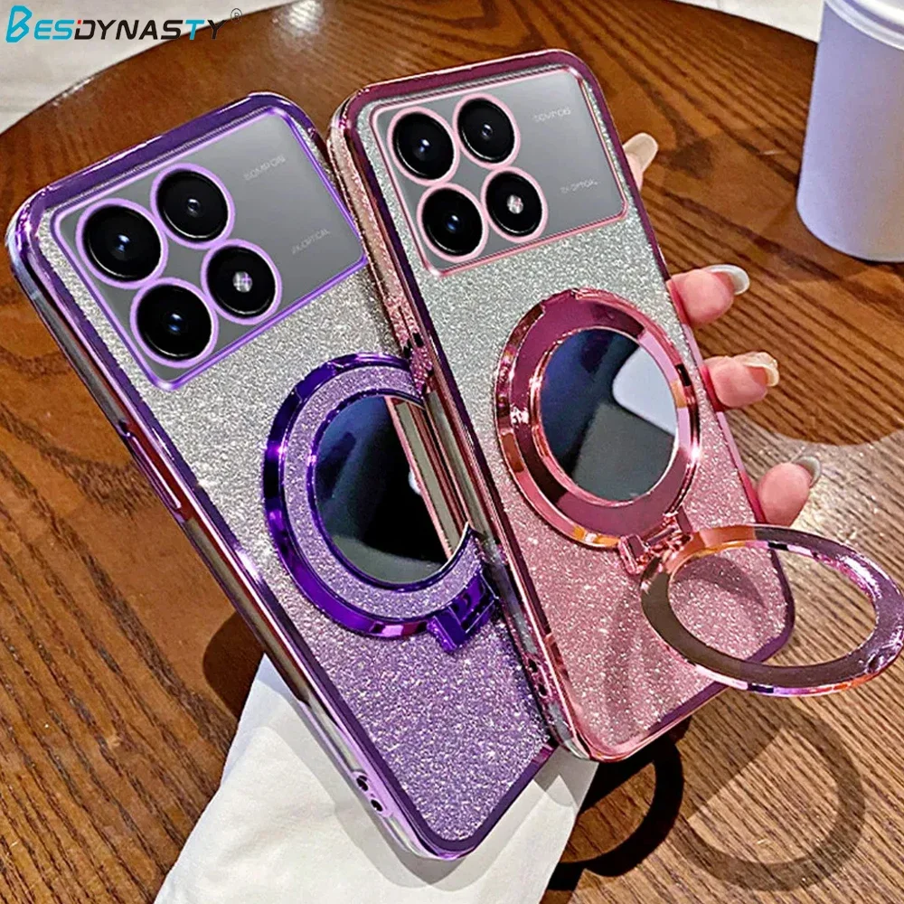 Luxury Mirror Stand Glitter Case For Xiaomi Mi POCO X6 X5 M6 Pro X3 NFC C65 C55 Couqe 13T 12T 11T 13 12 11 Lite Soft Bling Cover